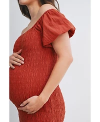 Hello Miz Maternity Off-the-Shoulder Smocked Bodycon Midi Dress with Ruffle Hem