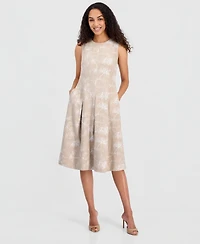 Kasper Petite Box Pleated Crewneck Midi Dress