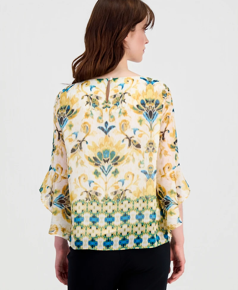 Kasper Petite Ruffle-Sleeve Boat Neck Polyester Blouse