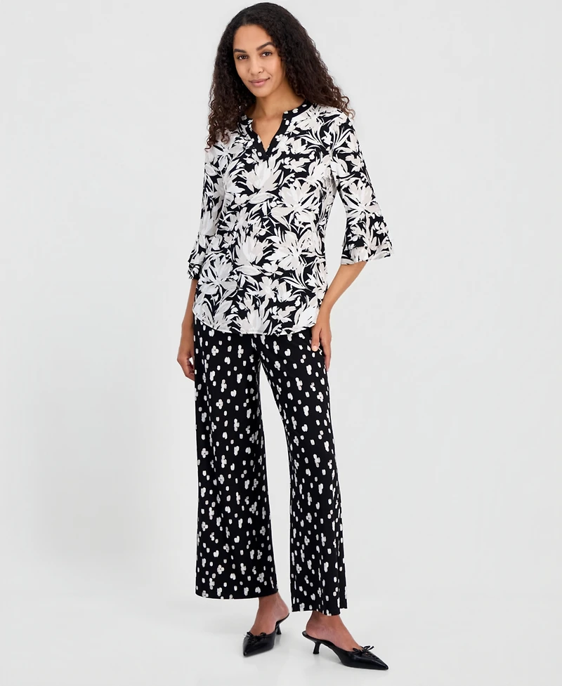 Kasper Women's Printed V-Neck Elbow-Sleeve Top