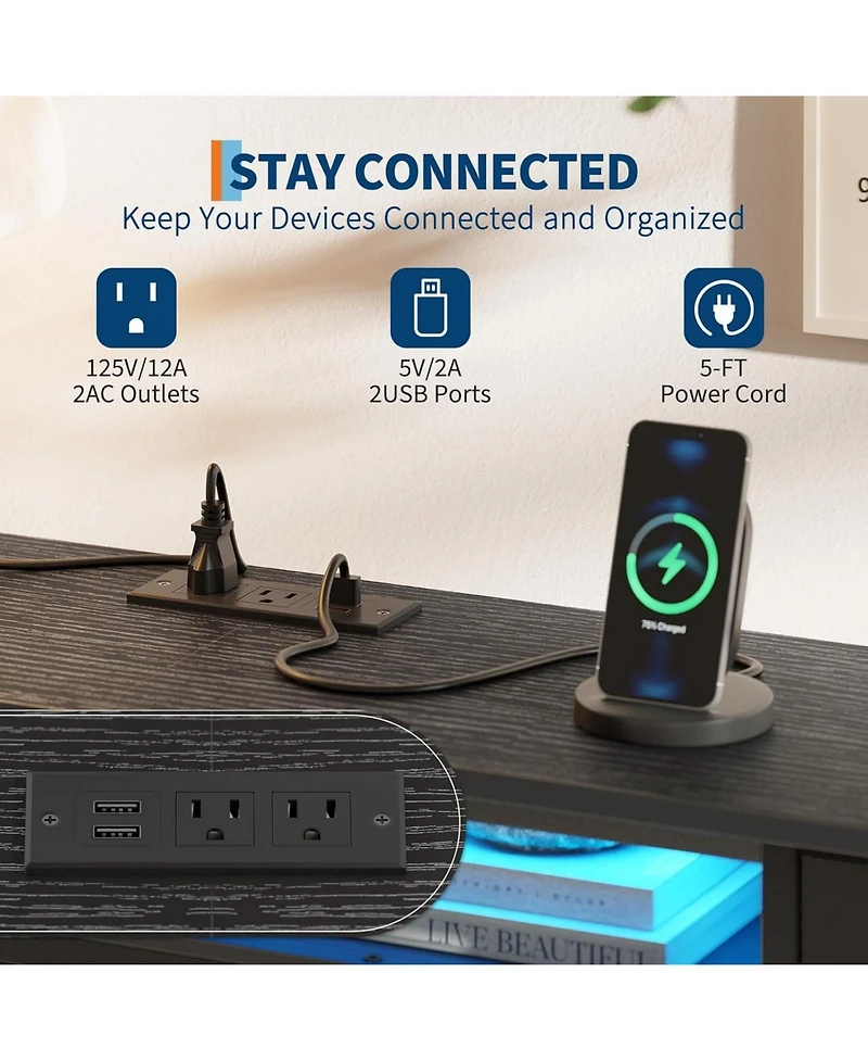 gaomon 70 Inch Long Dresser with 13 Drawers, Tv Stand for 65-80 Charging Station & Led Lights