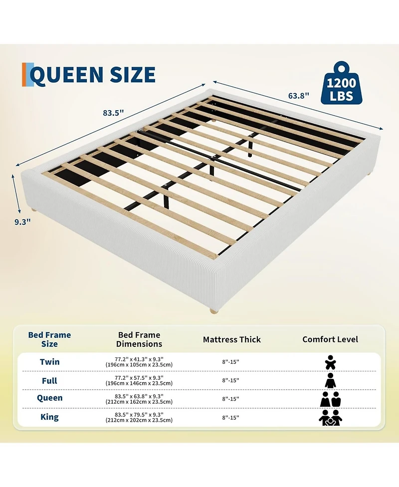 gaomon Cloud Bed Frame, Corduroy Soft Fabric Low Frames with Solid Wood Round Legs, Platform Without Headboard