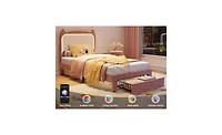 gaomon Twin Size Bed Frame with Cat Headboard, Twin Platform Bed Frame with Grb Led Lights, Storage Drawer & Strong Wood Slats Support