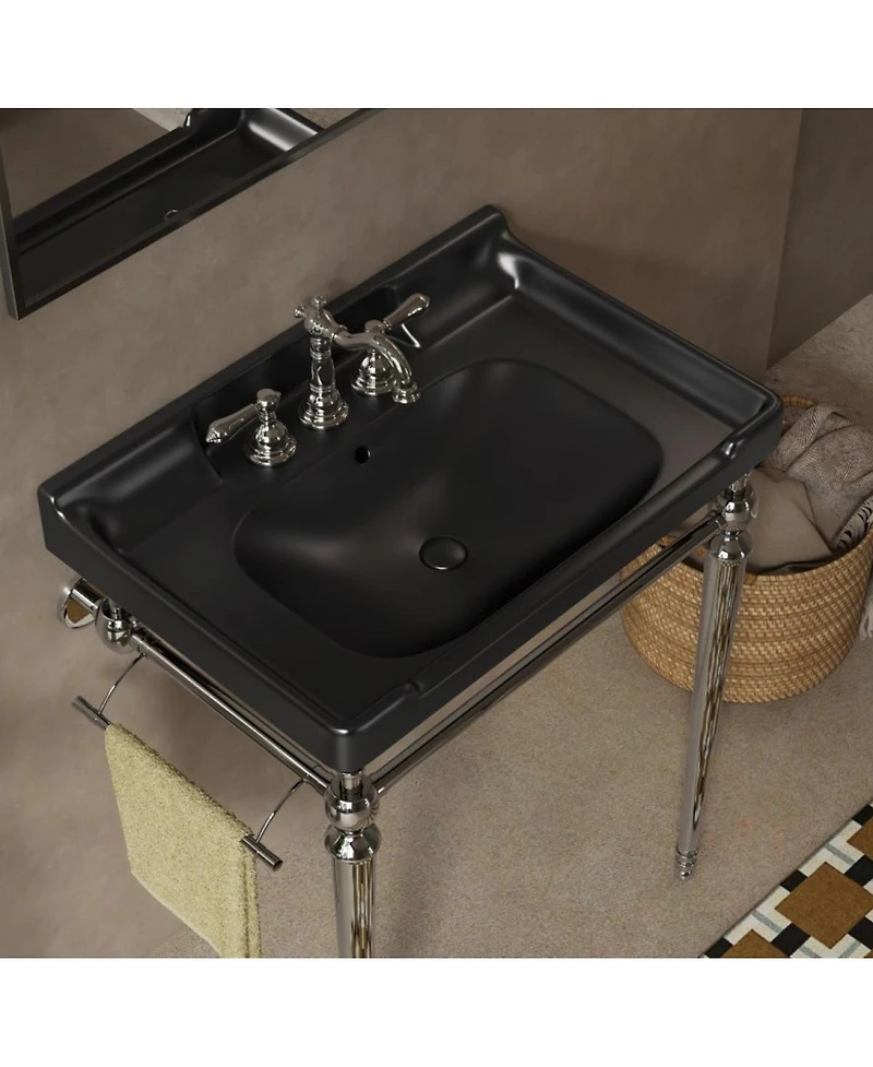 Sillysis 28" Bathroom Ceramic Sink Basin with 3 Faucet Holes, Rectangular Countertop Vanity with Overflow for Modern Bathroom