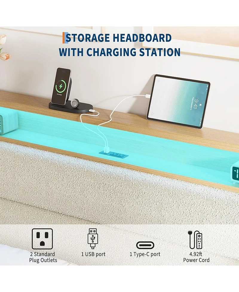 gaomon Bed Frame, Boucle Platform Frame with Led Lights, Upholstered Headboard Built-in Charging Station