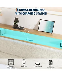 gaomon Bed Frame, Boucle Platform Frame with Led Lights, Upholstered Headboard Built-in Charging Station