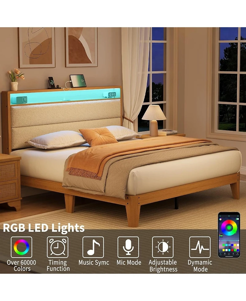 gaomon Bed Frame, Boucle Platform Frame with Led Lights, Upholstered Headboard Built-in Charging Station
