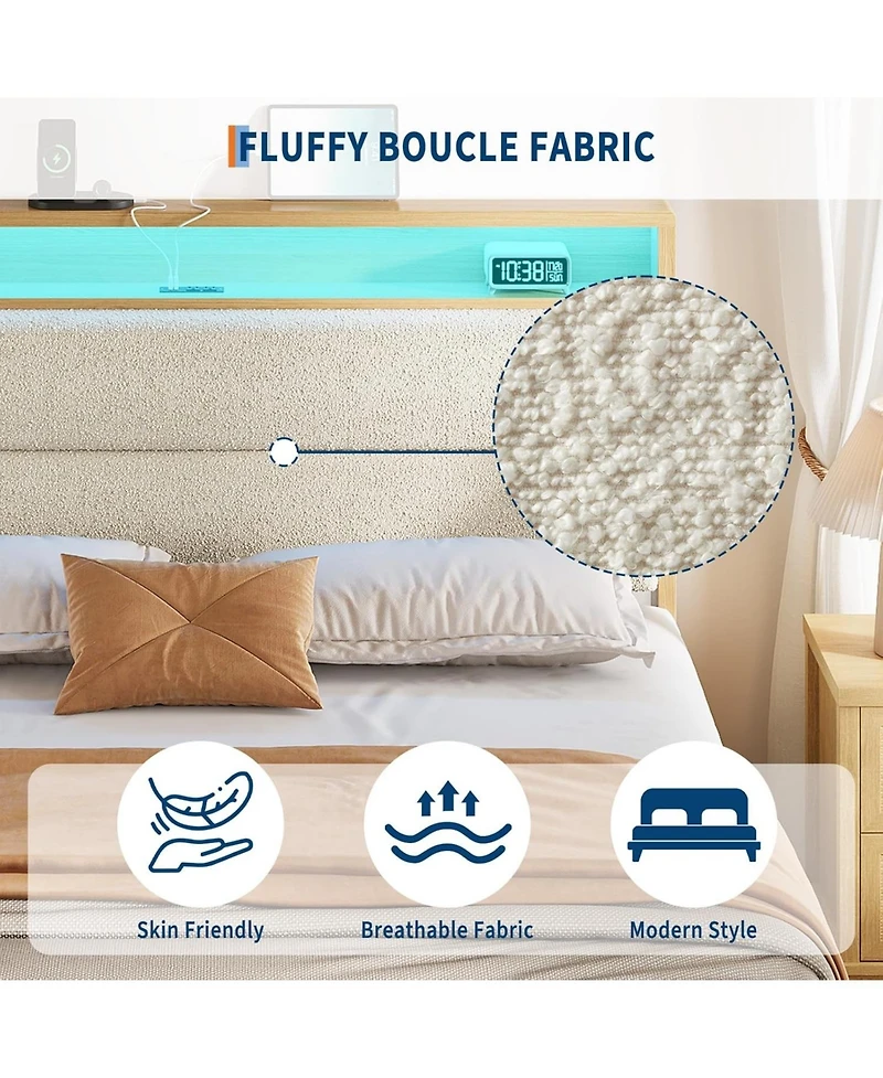 gaomon Bed Frame, Boucle Platform Frame with Led Lights, Upholstered Headboard Built-in Charging Station