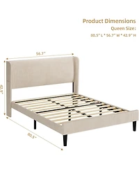 gaomon Bed Frame with Upholstered Headboard,Wooden Platform 2 Storage Pockets,Vertical Channel Tufted Wingback,Strong Wooden Slats