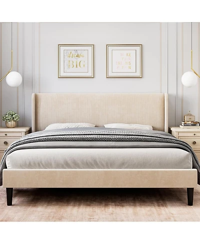gaomon Bed Frame with Upholstered Headboard,Wooden Platform Bed Frame with 2 Storage Pockets,Vertical Channel Tufted Wingback,Strong Wooden Slats