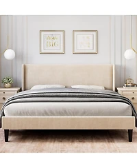 gaomon Bed Frame with Upholstered Headboard,Wooden Platform Bed Frame with 2 Storage Pockets,Vertical Channel Tufted Wingback,Strong Wooden Slats