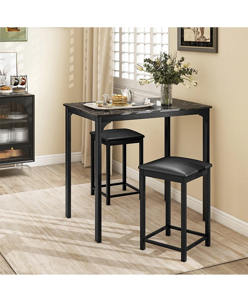 Gymax 3 Pcs Counter Height Dining Set Faux Marble Table & 2 Chairs Kitchen Bar