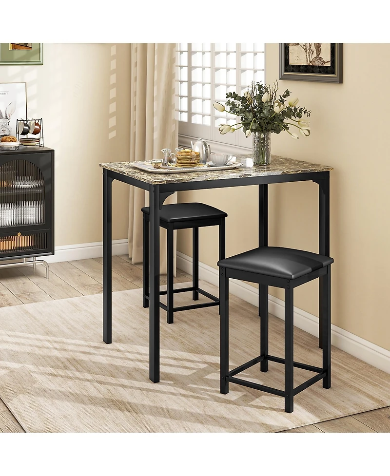 Gymax 3 Pcs Counter Height Dining Set Faux Marble Table & 2 Chairs Kitchen Bar