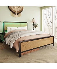 gaomon Rattan Platform Bed Frame with Led Light Headboard, Modern Style Cane Boho Frames Sturdy Steel Slat Support, Heavy