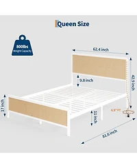 gaomon Rattan Platform Bed Frame with Led Light Headboard, Modern Style Cane Boho Frames Sturdy Steel Slat Support, Heavy