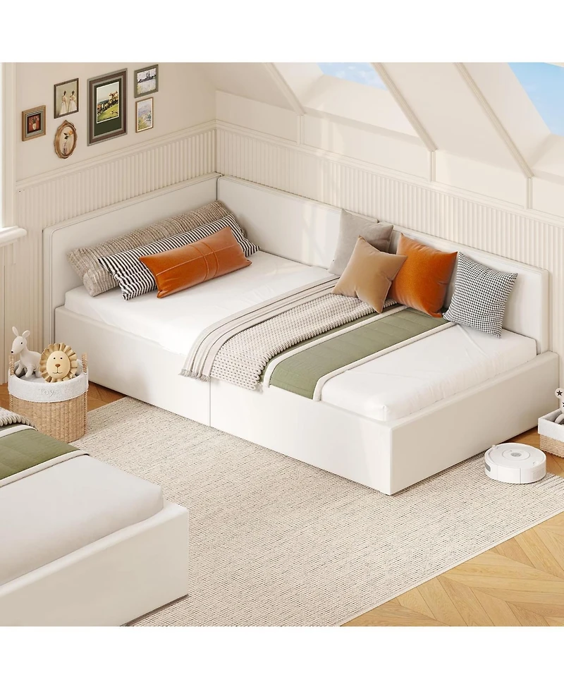 gaomon Daybed with Guardrails, Velvet Upholstered Corner Bed Frame, Adjustable Headboard, No Box Spring Needed