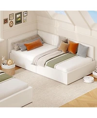 gaomon Daybed with Guardrails, Velvet Upholstered Corner Bed Frame, Adjustable Headboard, No Box Spring Needed