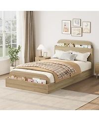 gaomon Bed Frame Wooden Storage Headboard Low Platform Sturdy Slats No Box Spring Space-Saving