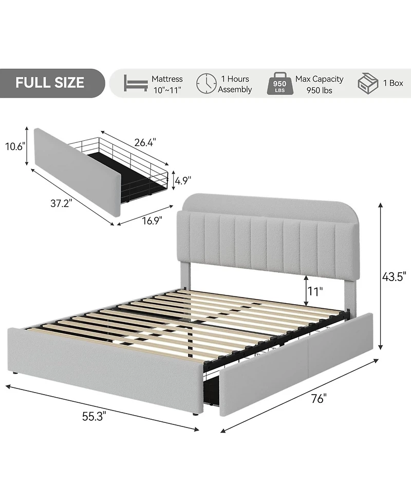 gaomon Bed Frame Storage Headboard 2 Drawers Boucle Upholstered Platform Bookcase Sturdy Noise-Free No Box Spring