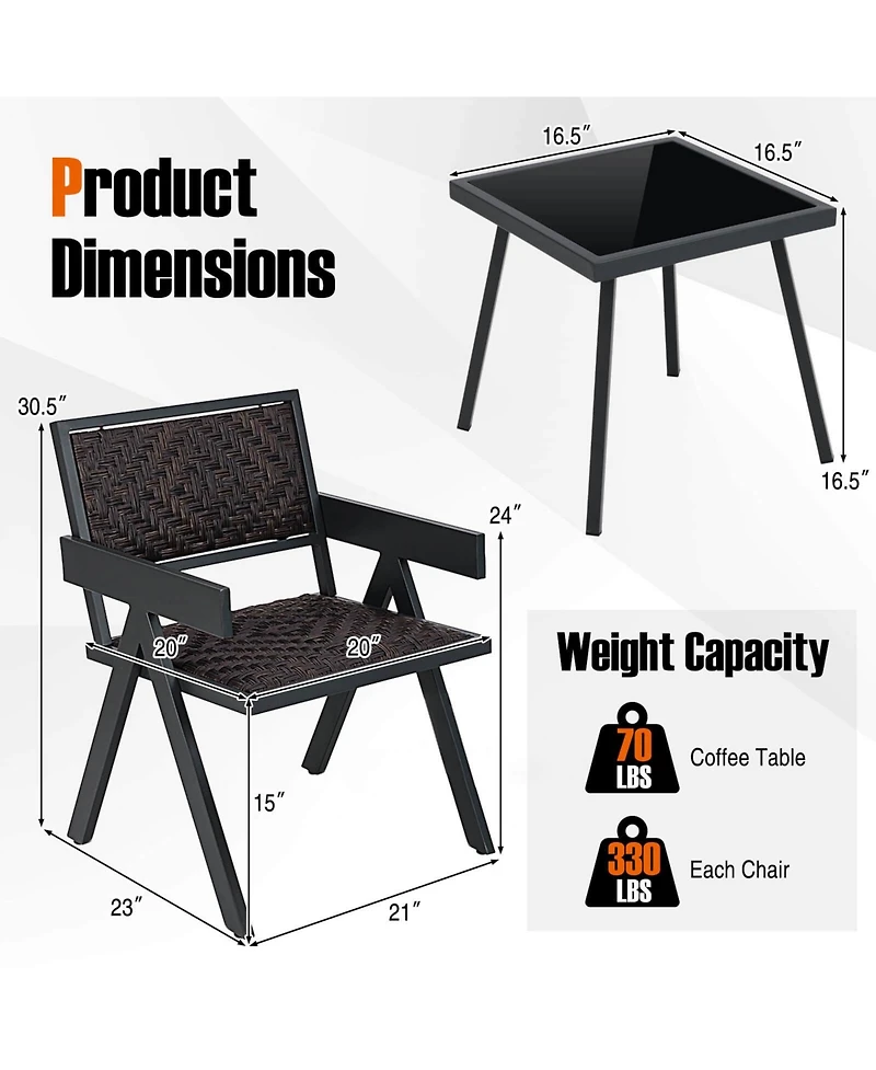 3 Pcs Patio Wicker Chair Set, Rattan Furniture Set with Quick Dry Foam Padding