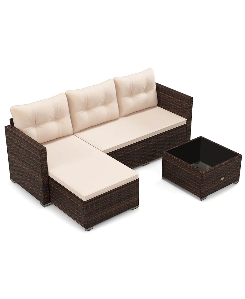 4 Seats Outdoor Wicker Furniture Set with Tempered Glass Coffee Table & Soft Cushions