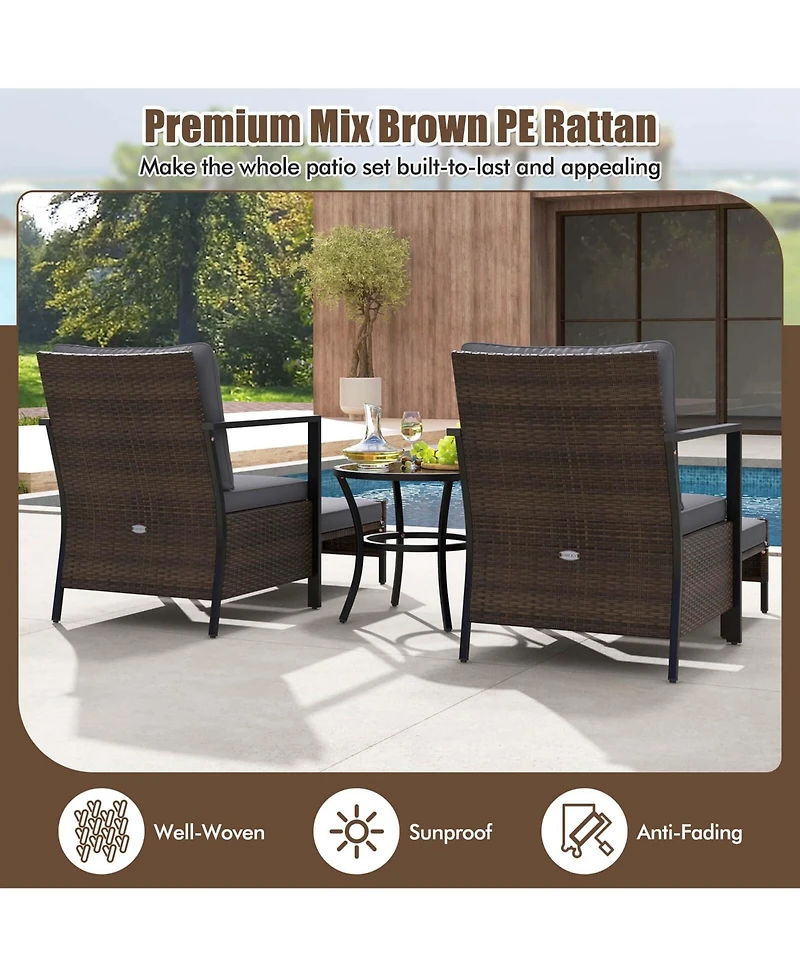 5 Pcs Outdoor Furniture Set Rattan Chairs & Ottomans with Glass Topped Coffee Table