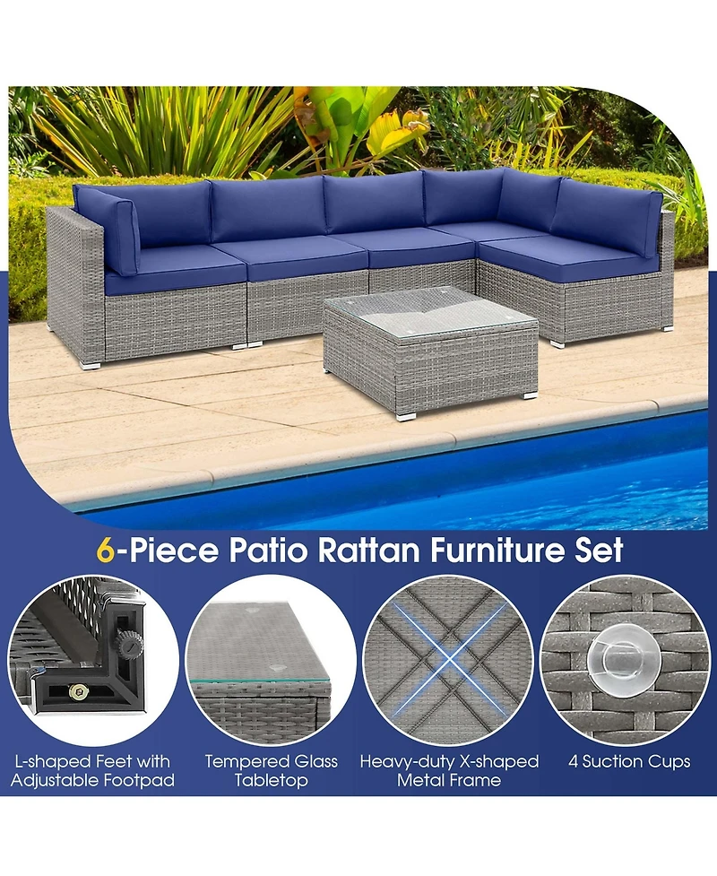6 Pcs Patio Conversation Sofa Set Outdoor Rattan Furniture Cushioned Seat