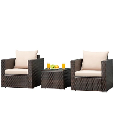 3PCS Patio Rattan Furniture Set Conversation Wicker Sofa Set w/Cushion Garden