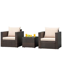 3PCS Patio Rattan Furniture Set Conversation Wicker Sofa Set w/Cushion Garden