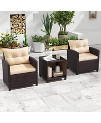 3 Pcs Patio Sofa Set with Cushions & Tempered Glass Tabletop for Backyard
