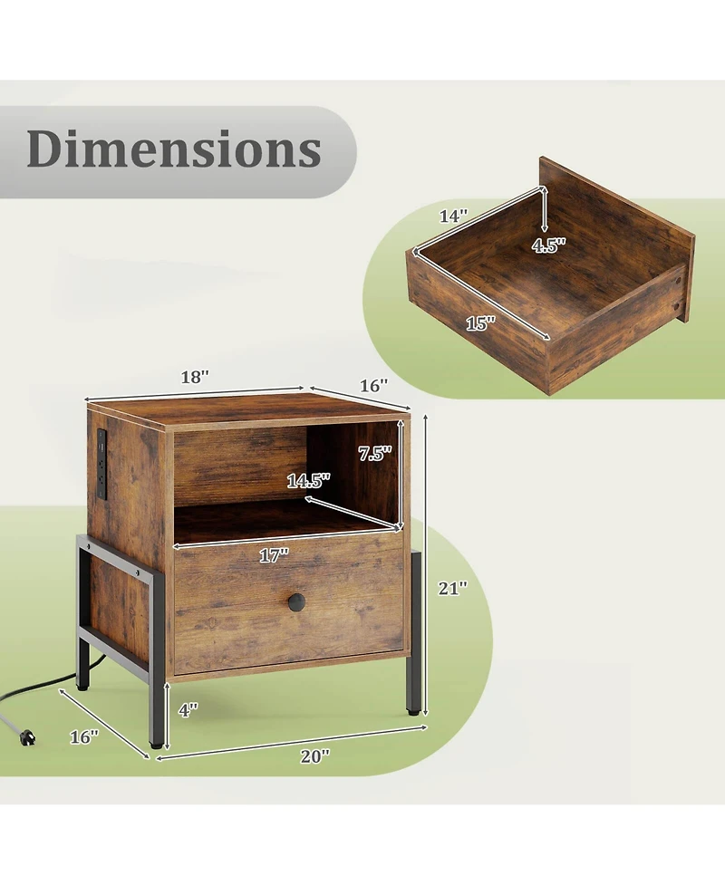 Nightstand with Charging Station Bedside Table Storage Shelf Side