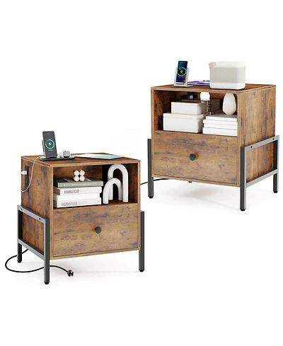 Nightstand with Charging Station Bedside Table Storage Shelf Side
