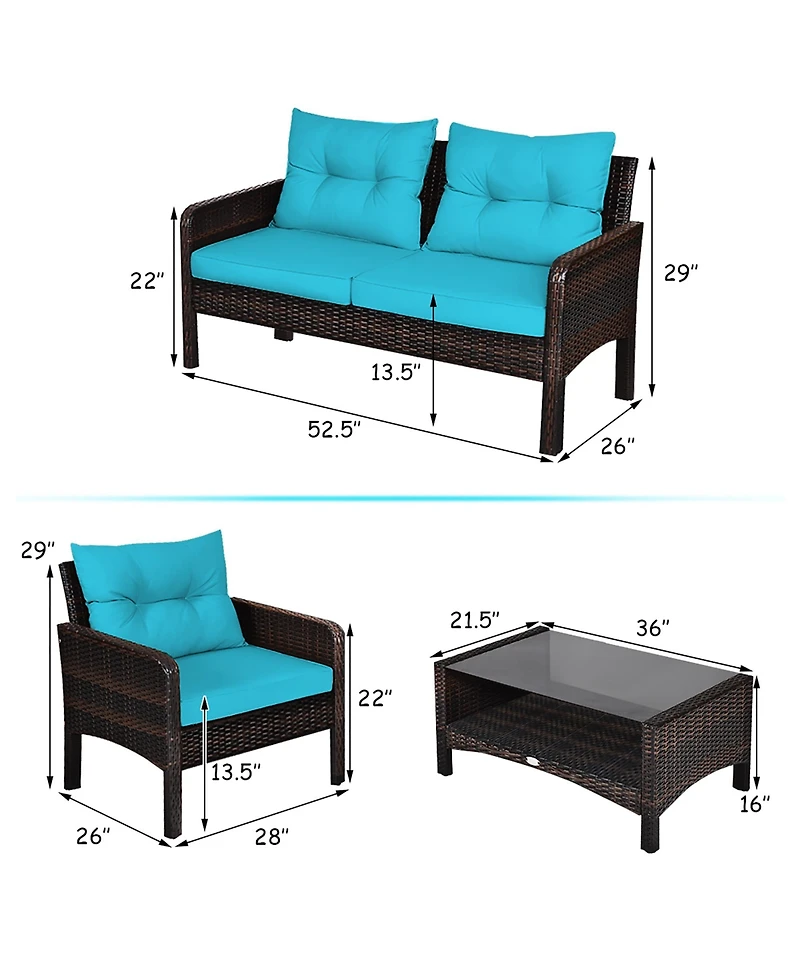 4PCS Patio Rattan Furniture Set Loveseat Sofa Coffee Table