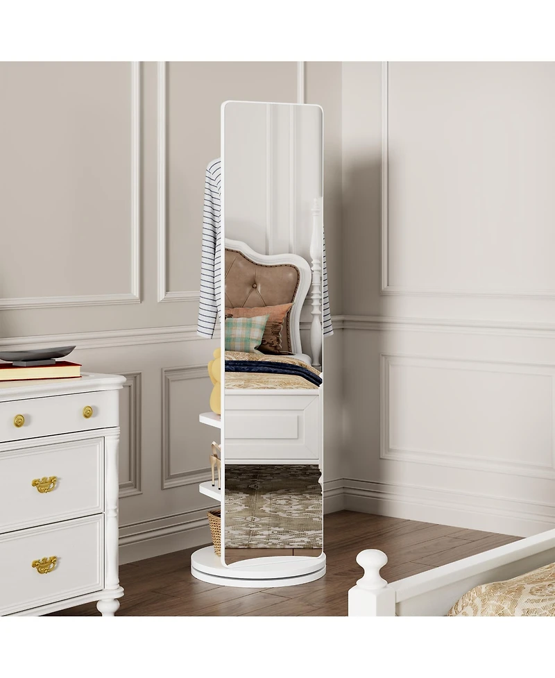 Rainsken 360° Rotating Full Length Mirror, Solid Wood Freestanding Coat Rack with Storage Hanger