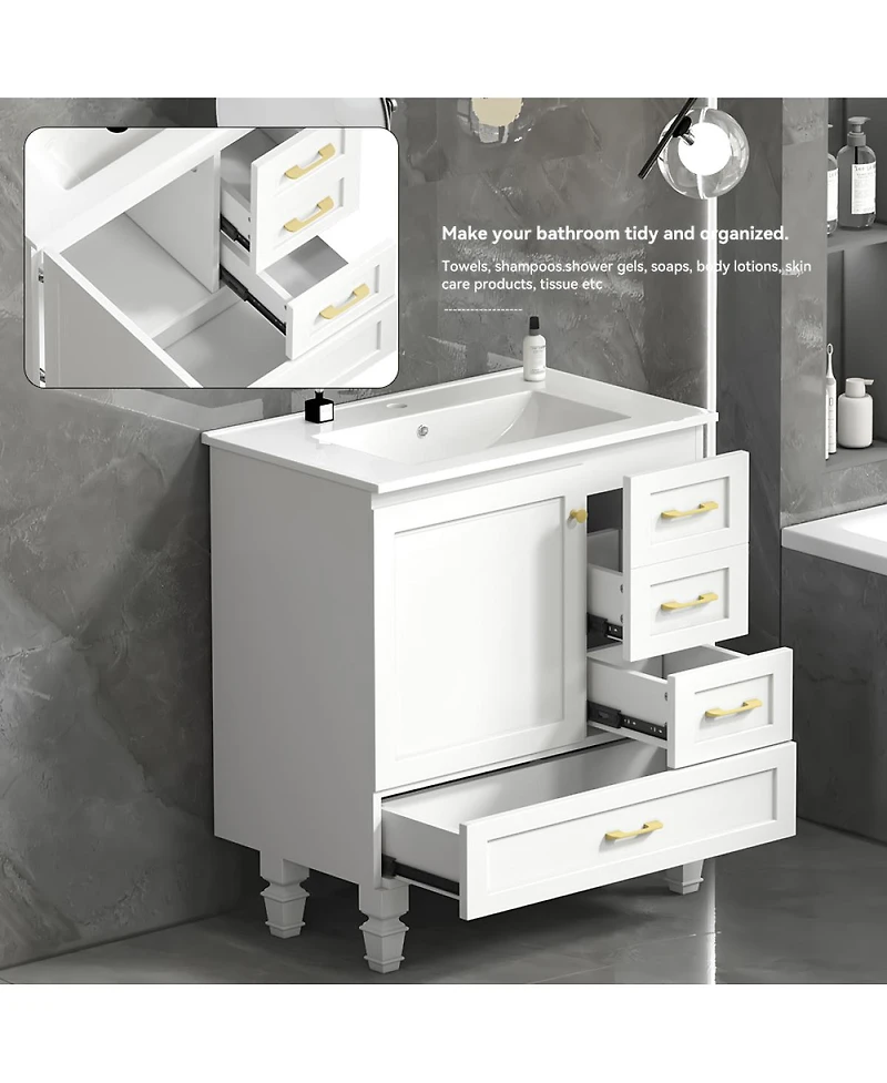 Sillysis Modern Bathroom Vanity with Sink, Transitional Mdf Cabinet, Ample Soft Close Storage, 1 Door 3 Drawers for Stylish Bathrooms