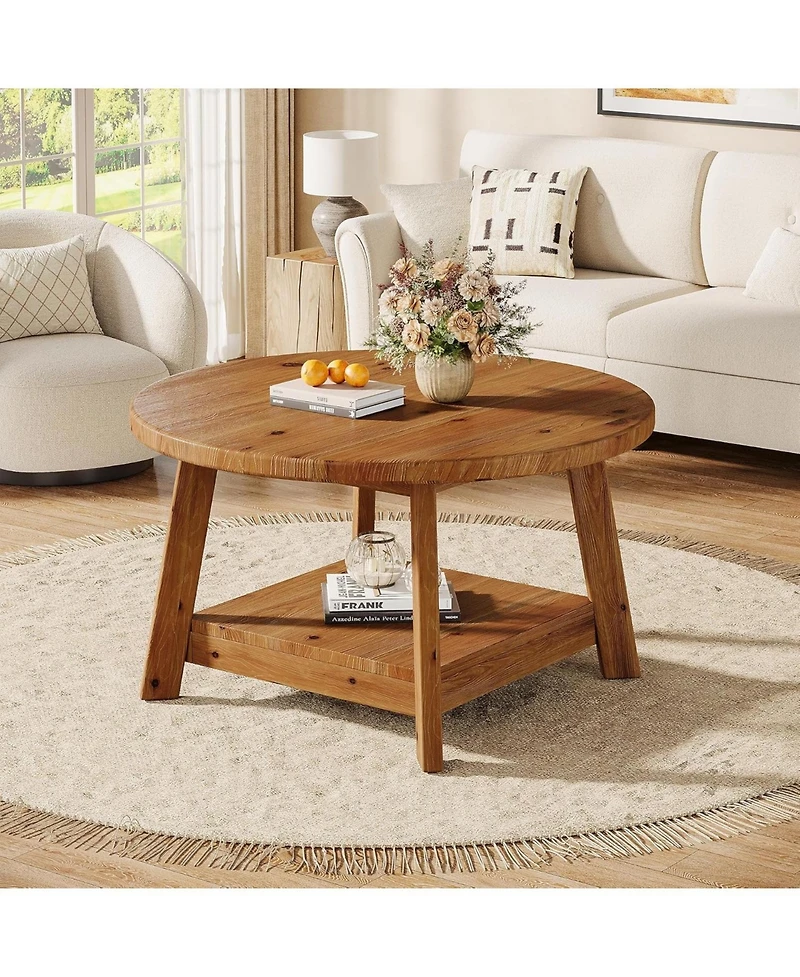 Tribesigns Solid Wood Round Coffee Table for Living Room, 31.5” Farmhouse Wooden 2-Tier Circle Center Cocktail Accent Table