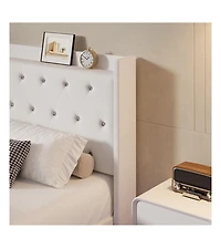 gaomon Wood Storage & Led Light Floating Bed Frame with Velvet Upholstered Wingback Headboard