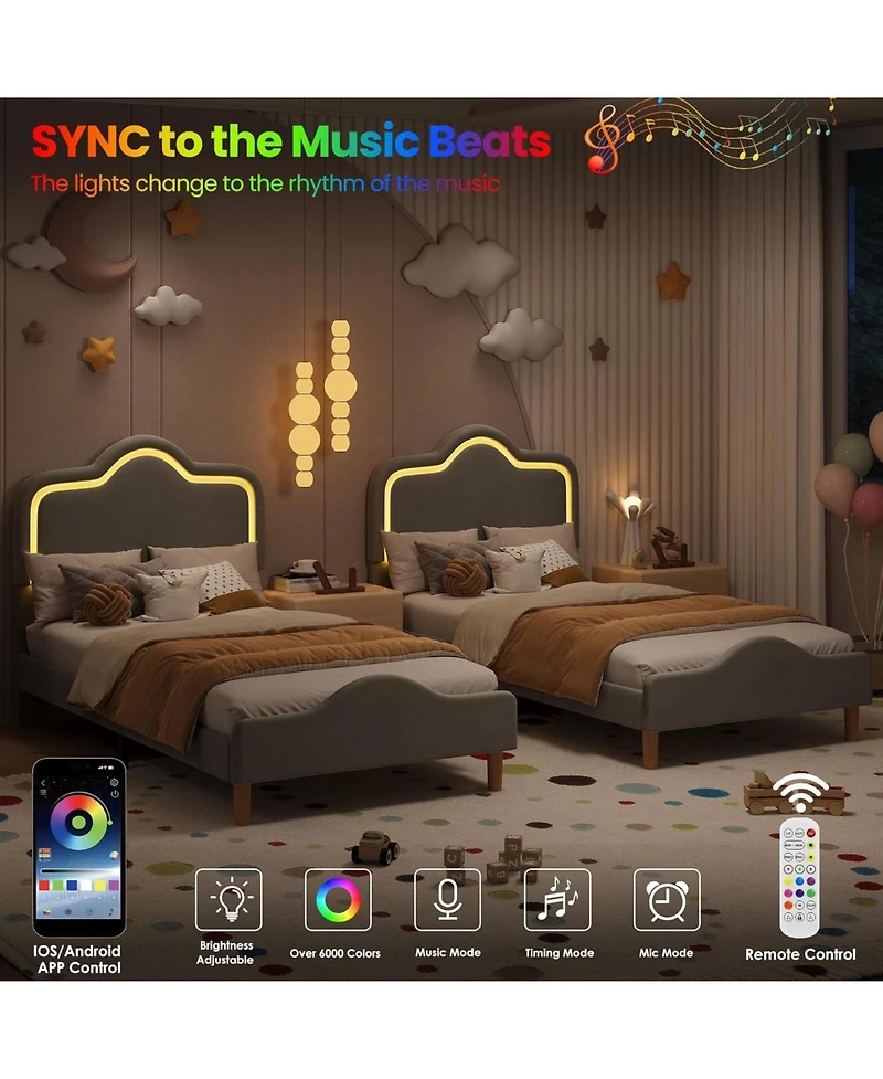 gaomon Upholstered Princess Platform Bed Frame with Rgb Led Lights, Adjustable Velvet Headboard, Wooden Slat Support