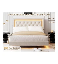 gaomon Floating Bed Frame with Smart Led Lights, Upholstered Platform Diamond Headboard, Solid Wood Slats Support