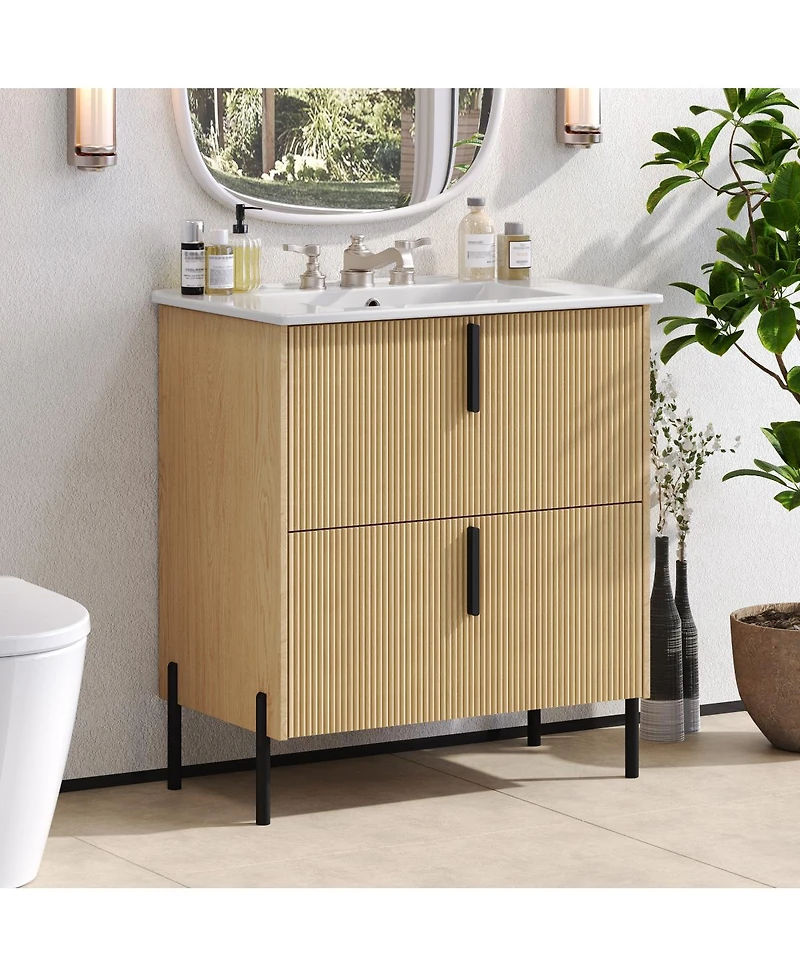 Sillysis 30" Bathroom Vanity with Sink, Modern Fluted Mdf Cabinet, Full-Extension Soft Close Drawers for Small Spaces
