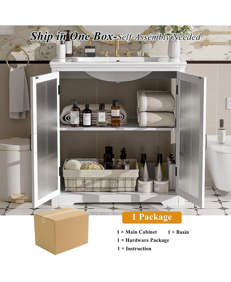 Sillysis 30'' Bathroom Vanity with Ceramic Sink, Tempered Glass Doors, Large Storage & Rubber Wood Frame for Modern Bathrooms