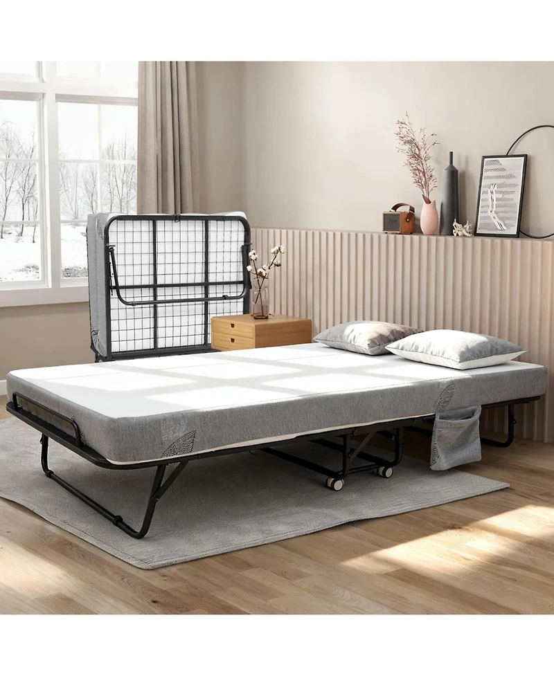 gaomon Folding Bed with Mattress, 75" x 31" Folded Bed with 5" Memory Foam Mattress and Sturdy Metal Frame, Rollaway Guest Beds on Whee
