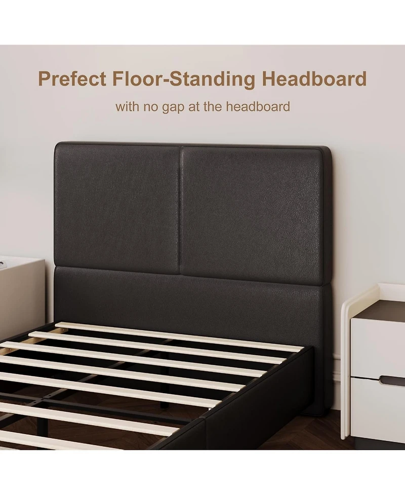 gaomon Upholstered Platform Bed Frame with 2 Storage Drawers, Faux Leather Low Profile Base with Wood Slat Support