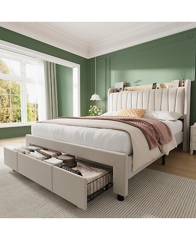 gaomon Bed Frame with Storage Headboard, Upholstered Platform Beds Drawers, Charging Station, Noise-Free