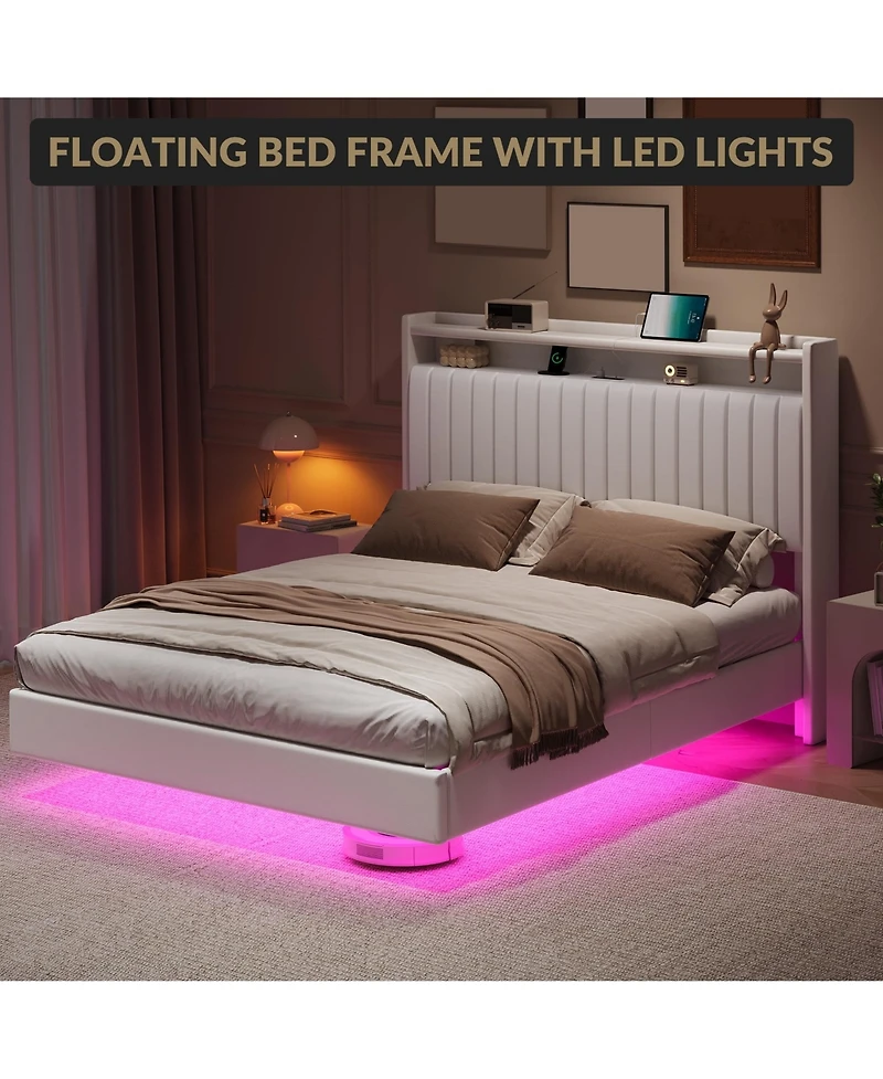 gaomon Floating Bed Frame Queen Rgb Led Lights Charging Station 50 Headboard Leather Upholstered Platform No Box Spring