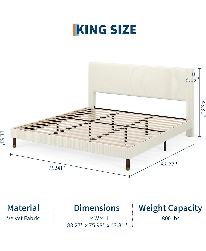 gaomon Frame Upholstered Platform Bed with Fabric Headboard, Non-Slip and Noise-Free, Wooden/Metal Slats Support