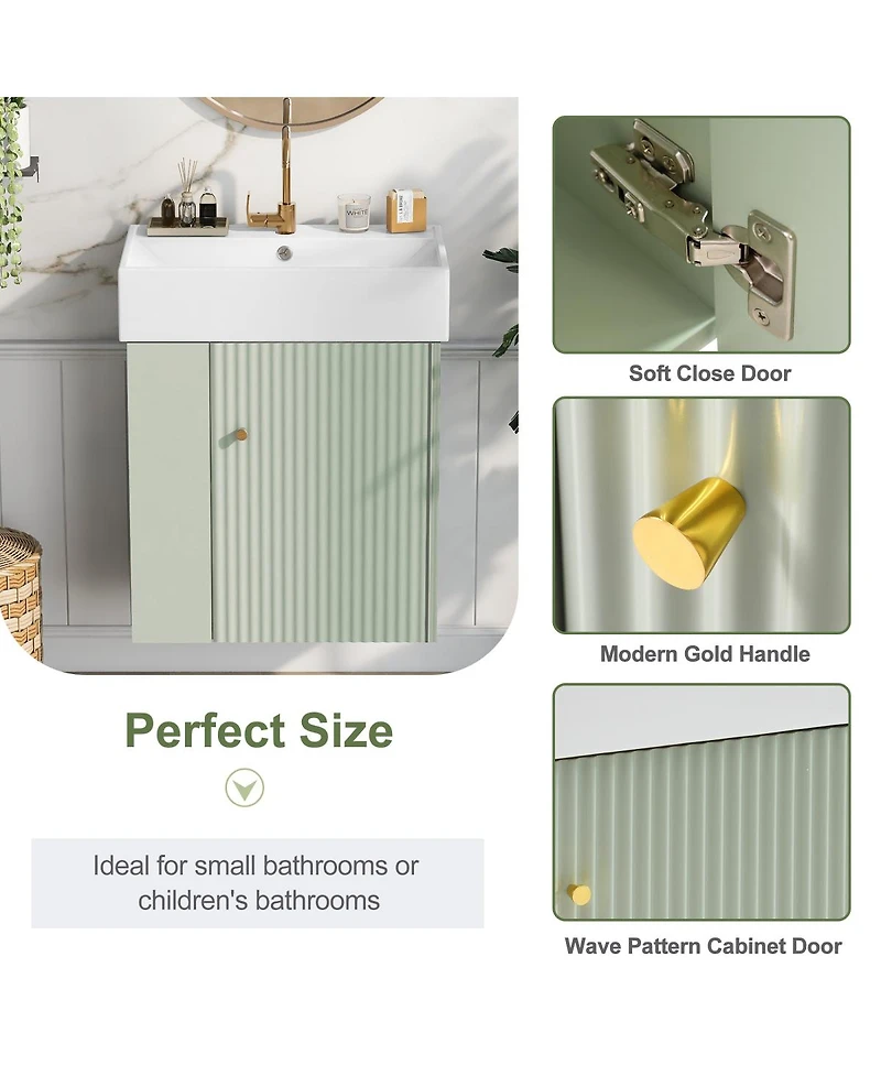 Sillysis Floating Bathroom Vanity with Ceramic Sink, Left Side Storage, Soft Close, Modern Wall Mounted Cabinet for Small Spaces