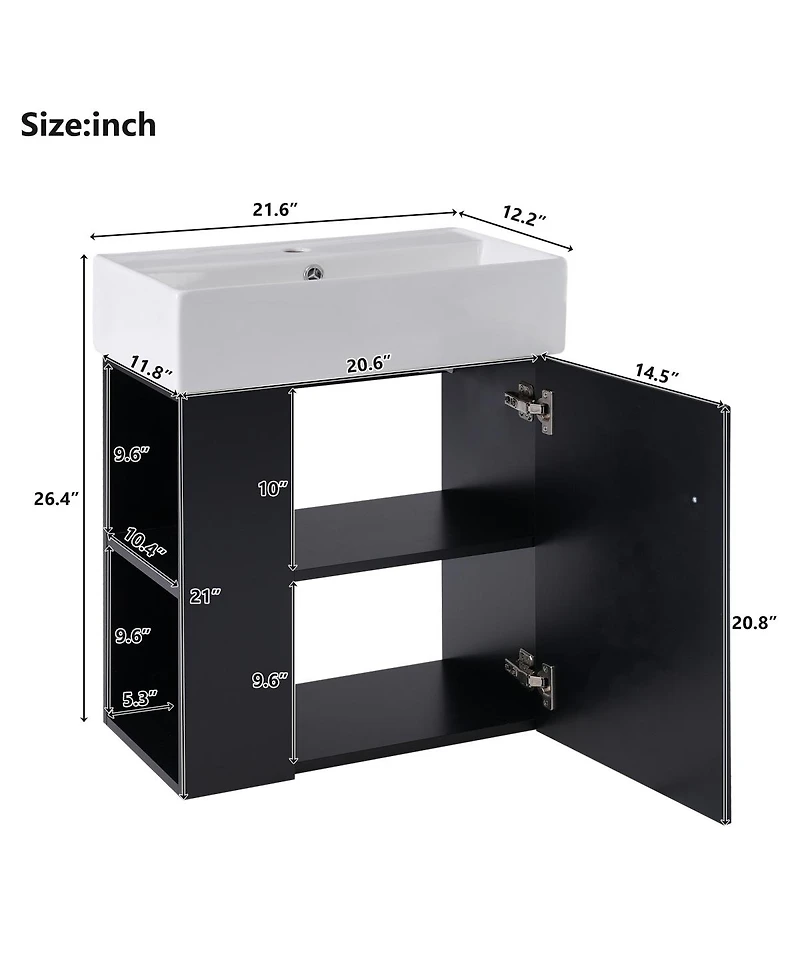 Sillysis Floating Bathroom Vanity with Ceramic Sink, Left Side Storage, Soft Close, Modern Wall Mounted Cabinet for Small Spaces