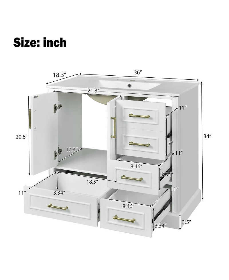 Sillysis Traditional Bathroom Vanity with Ceramic Sink, Soft Close Doors & 4 Drawers, Ample Storage Cabinet for Main Bathrooms