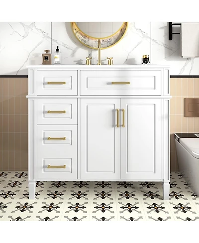 Sillysis Bathroom Vanity with Sink, Modern Cabinet 4 Soft-Close Drawers & Adjustable Shelf, Ample Storage